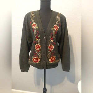 Vintage Floral embroidered Cardigan sweater Green Red  M Whimsical Classic